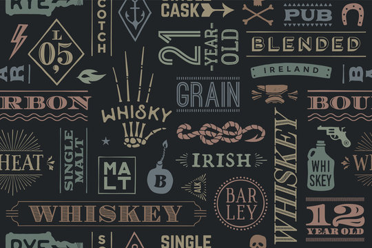 Seamless pattern with types of whiskey and hand drawn lettering for bar, pub, cafe, fest and party. Vintage drawing for placemat, bar menu, t-shirt print and whiskey themes. Vector Illustration