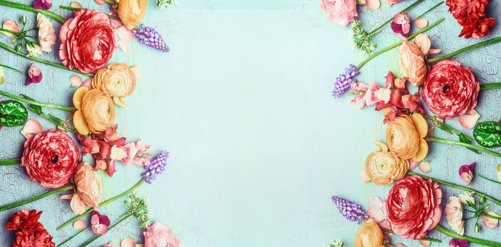 Pretty Floral Banner With Various Colorful Garden Flowers On Blue Turquoise Shabby Chic Background, Top View