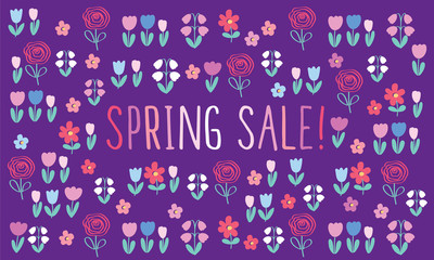 Spring sale. Promotional poster with cute flowers. Doodles, sketch, hand drawn elements for your design. Vector illustration.