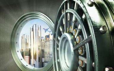 Concept of safe city Big safe door with city ingots High resolution 3D image