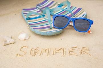 Fototapeta na wymiar Summer time on seashore, seashell, sunglasses