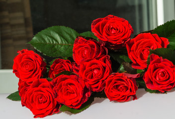 A  bouquet  of  red roses on a window, day light,  soft focus on  background.
