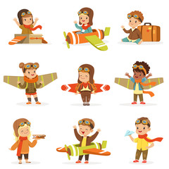 Small Children In Pilot Costumes Dreaming Of Piloting The Plane, Playing With Toys Adorable Cartoon Characters - obrazy, fototapety, plakaty