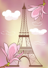 Fototapeta na wymiar Spring in Paris. Vector illustration with Eiffel tower and blooming magnolia