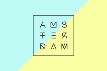 Poster with text Amsterdam, Netherlands in geometric style. Concept design print for t-shirt, greeting card, post card, poster. Colorful banner with geometric font. Vector Illustration