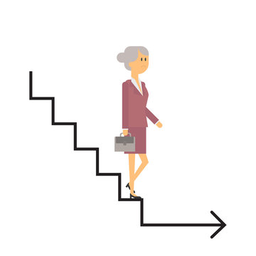 Down the corporate ladder, the end of business, an elderly business woman walks down the stairs. Vector flat material