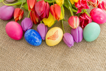 Fototapeta na wymiar Spring tulips with colorful easter eggs.
