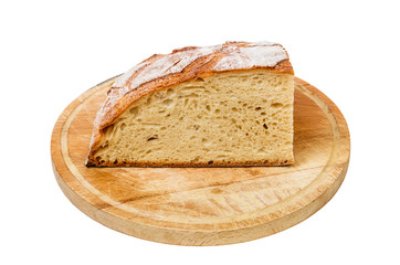 Bread on wooden cutting board isolated on white background