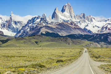 asphalt road under mountain Fitz Roy in Patagonia