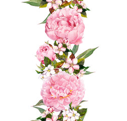Floral border - pink peony flowers and cherry blossom. Repeating romantic banner. Watercolor