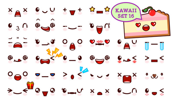 Set of cute kawaii emoticon face and sweet piece of cake kawaii. Collection emoticon manga, cartoon style. Vector illustration. Adorable characters icons design