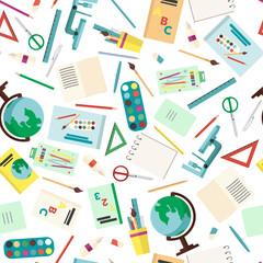 Vector illustration seamless pattern background with School supplies. Pen, pencil, ruler, scissors, paper, glue, brush, paint, drawing album, globe, textbook, notebook, microscope in flat design style