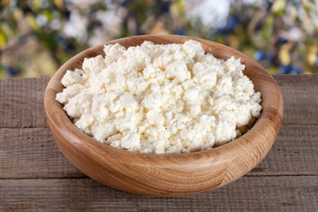 Cottage cheese in a wooden bowl on board with blurred garden background