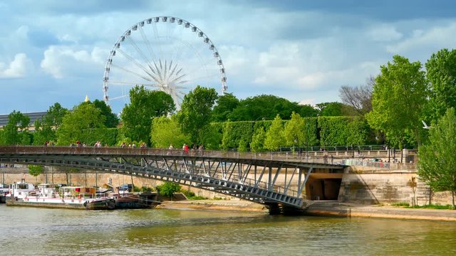 4K Paris Frane Seine River Bridge, Landmark Pedestrian Footbridge Architecture