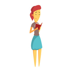Cute young woman standing and reading book. Colorful cartoon character