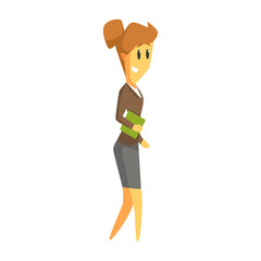 Business woman holding a green book in her hand. Colorful cartoon character