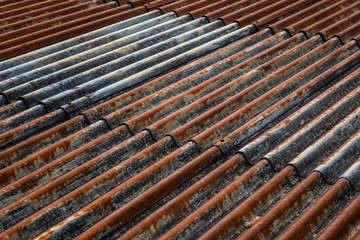 The old and rusty iron roof of a building