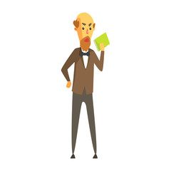Bald bearded man in a jacket and bow tie standing with book in his hand. Colorful cartoon character