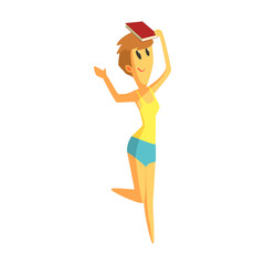 Cheerful girl in shorts jumping and holding a book on her hand. Colorful cartoon character