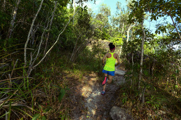 Naklejka na ściany i meble Young fitness woman trail runner running at forest mountain trail