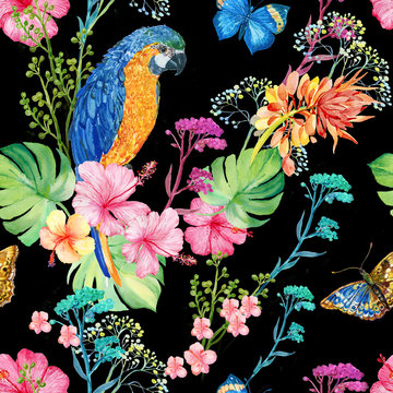 seamless pattern ,watercolor illustration .parrots and flowers