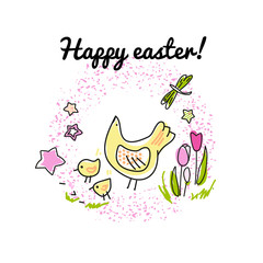 Easter card. Happy easter. Template for greeting card. Chicken and chicken. Spring flowers