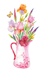 букет в кувшине,ирисы акварель 