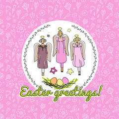 Easter greetings. Angels. Nest with eggs. Happy easter. Template for greeting card.