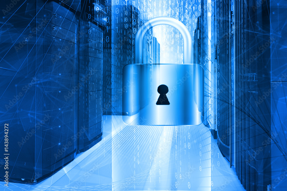 Aufkleber network safety concept server closed with padlock, database security.