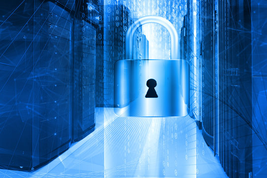 Network safety concept server closed with padlock, database security. - Powered by Adobe