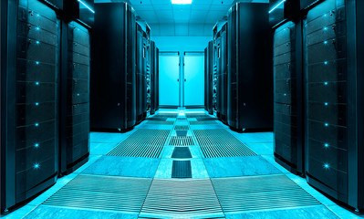 symmetric server room with rows of mainframes in modern data center, futuristic design