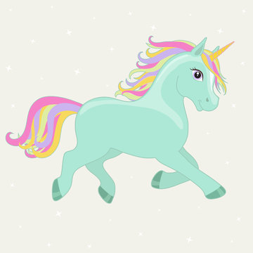 Fototapeta Green, mint magic running unicorn with rainbow mane and horn isolated on white background. Vector illustration.