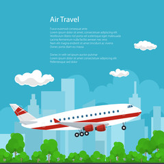 Airplane on the Background of the City Flies to the East and the Text, Air Travel Concept , Brochure Flyer Poster Design, Vector Illustration