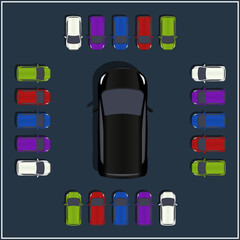 Set of various top view vector cars. Isolated vehicle icon.