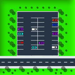 Parking lot top view vector illustration. Set of various cars.