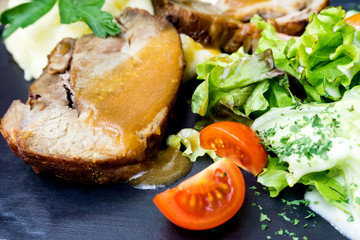 juicy steak veal - beef meat with tomato and vegetables