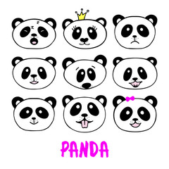 Set of hand drawn panda doodles.