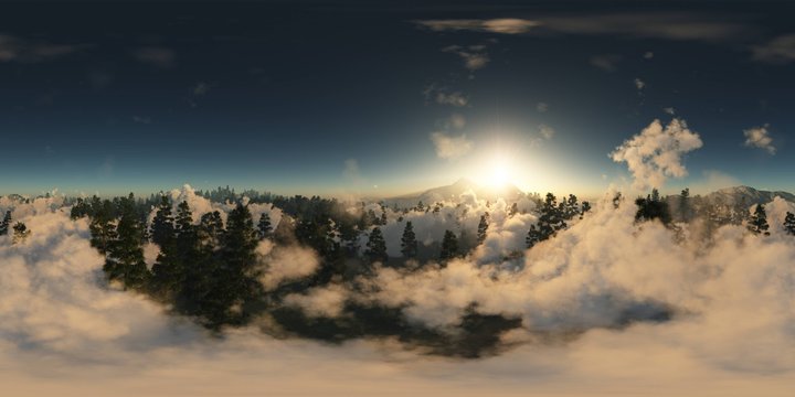 Fototapeta panorama of forest in mountains. made with the one 360 degree lense camera without any seams. ready for virtual reality. 3D illustration