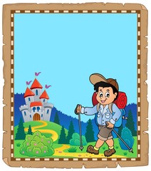 Parchment with boy hiking near castle