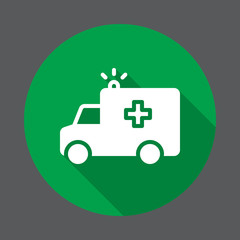 Ambulance truck flat icon. Round colorful button, circular vector sign with long shadow effect. Flat style design