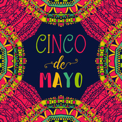 Cinco de mayo. Typography poster with ethnic ornament. Hand drawn vector illustration
