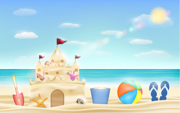 sand castle and shovel bucket and ball on a sea beach