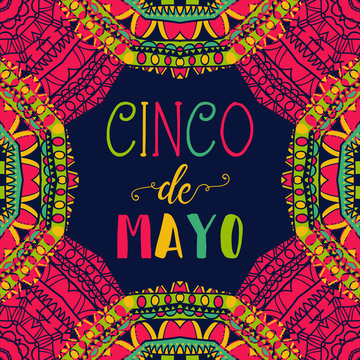 Cinco de mayo. Typography poster with ethnic ornament. Hand drawn vector illustration