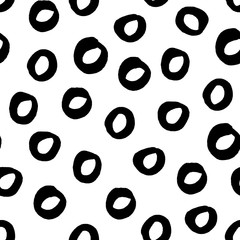 Seamless modern black and white vector doodle circle texture, dry brush ink art.