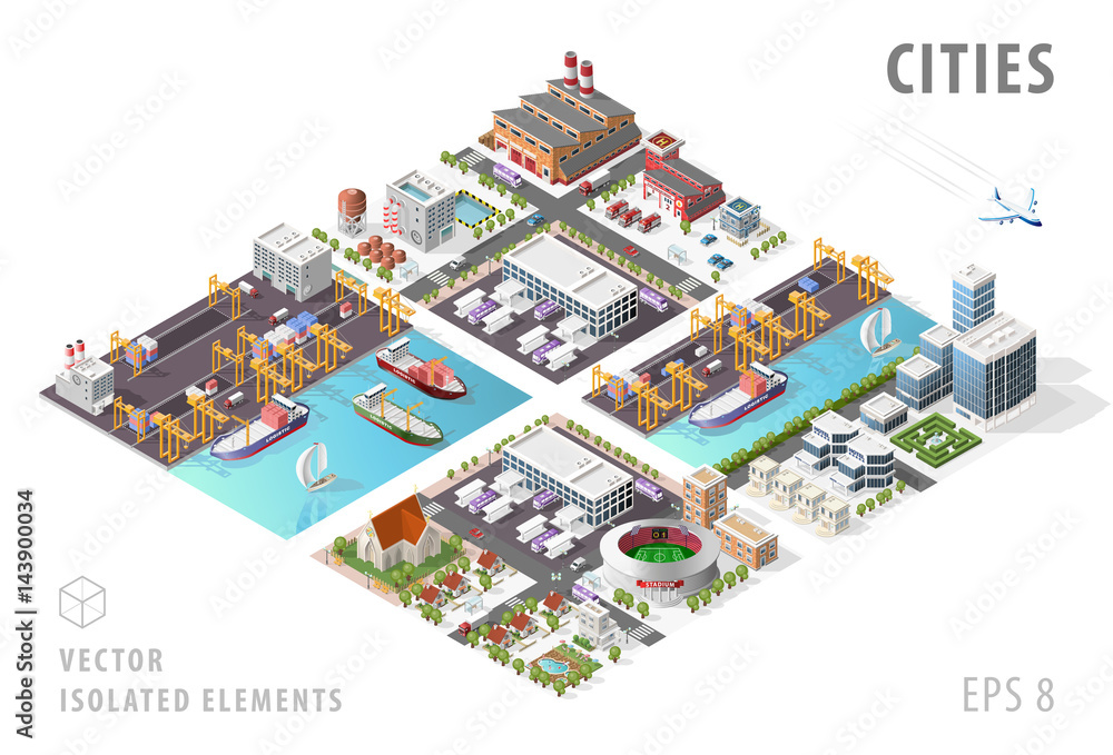 Poster set of isolated isometric minimal city maps. elements with shadows on white background