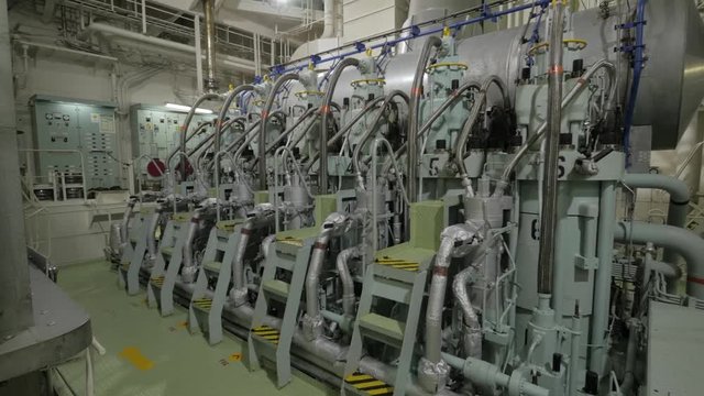 Diesel main engine of ship at sea