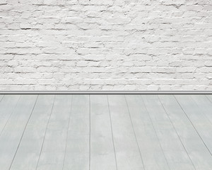 Old  aged white bricks wall with wooden floor background