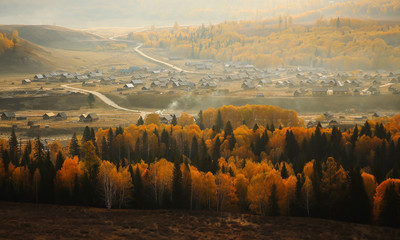Hemu village on Kanas Nature Reserve, Autumn scene ,Xinjiang, China . - obrazy, fototapety, plakaty
