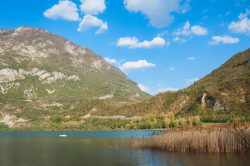 Landscape of lake and mountains.