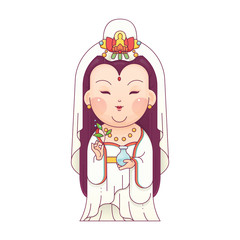 Vector Illustration of Guanyin the Goddess of Mercy. Chinese Goddess. Cartoon Character.
